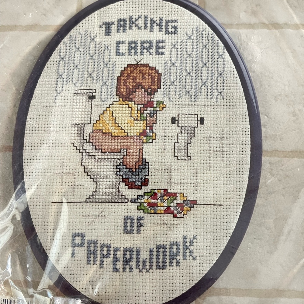 Humorous Cross-Stitch kit Wall Art.  Taking care of paperwork.